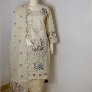 Embroidered Chikankari Lawn 3-Piece Suit – Beige & Floral CK-LWN-01-BGE