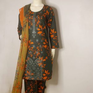 Premium Embroidered Pure Lawn Suit – Charcoal & Burnt Orange SLB-PL-CHOR-3P