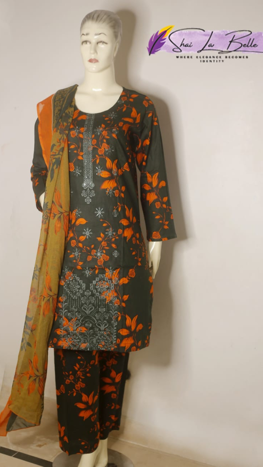 Premium Embroidered Pure Lawn Suit – Charcoal & Burnt Orange SLB-PL-CHOR-3P