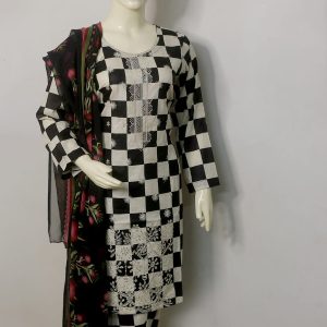 Premium Embroidered Pure Lawn 3 Piece Suit – Monochrome Checkerboard PR-LN-EM-MONO-CHKP