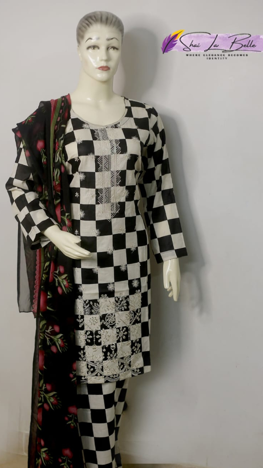 Premium Embroidered Pure Lawn 3 Piece Suit – Monochrome Checkerboard PR-LN-EM-MONO-CHKP