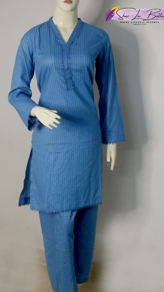 Premium Pure Lawn 2-Piece Stitched Suit – Ocean Blue Embroidered Neckline SLB-LWN2PC-BLU